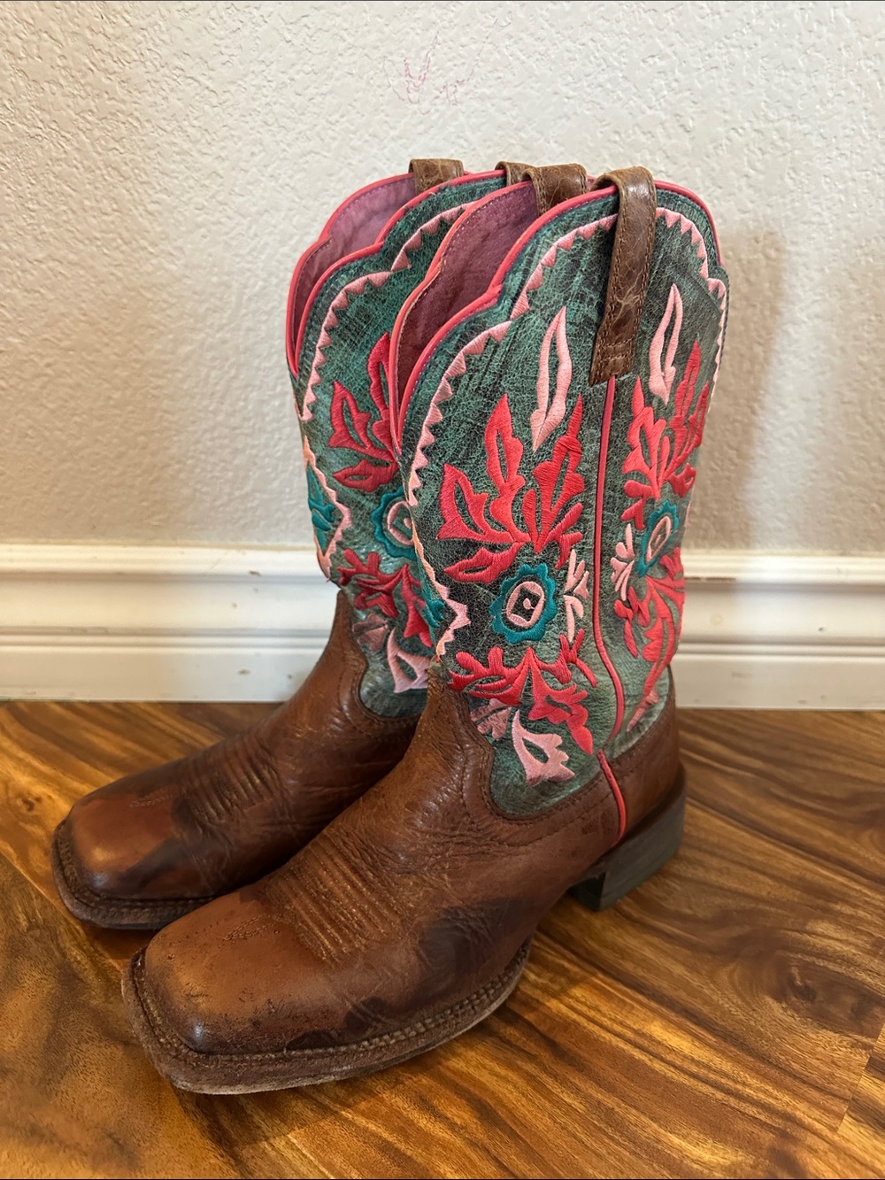 Ariat Brown Leather Cowgirl Boots with Teal and Pink Embroidered Shaft